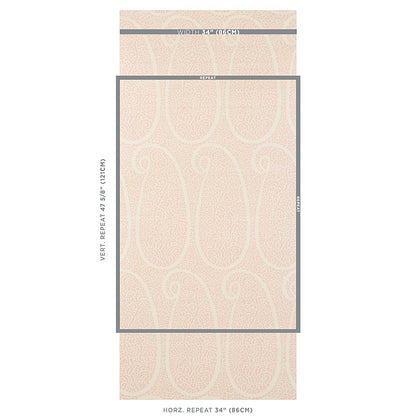 Blush grasscloth wallpaper sample on pale pink with gray border; horizontal repeat 34in (86cm).