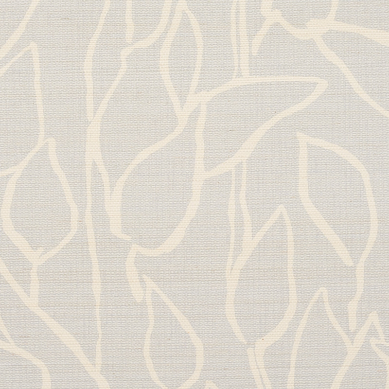 Beige linen-like fabric with off-white abstract leaf pattern; textured textile for upholstery or drapes.