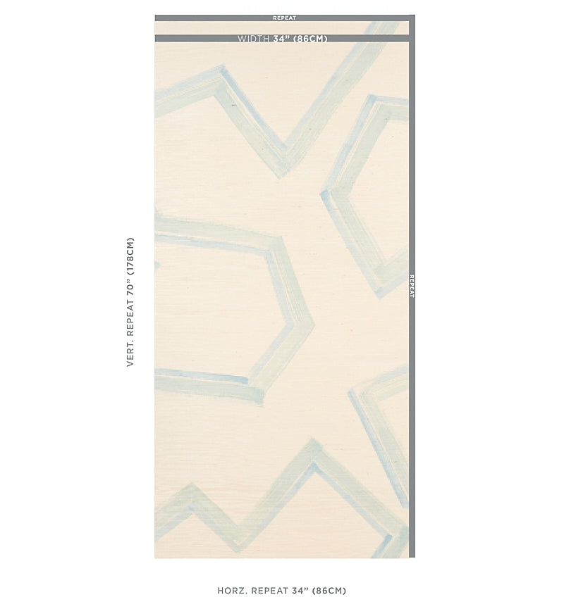 Cream grasscloth wallpaper sample with pale blue geometric pentagon shapes; retro pattern with vertical repeat.