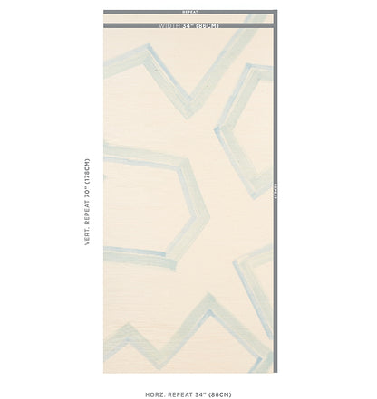 Cream grasscloth wallpaper sample with pale blue geometric pentagon shapes; retro pattern with vertical repeat.