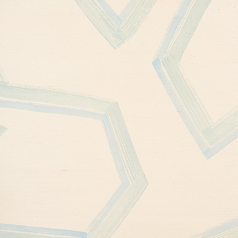 Blue grasscloth wallpaper with a pale geometric hexagon/chevron pattern.