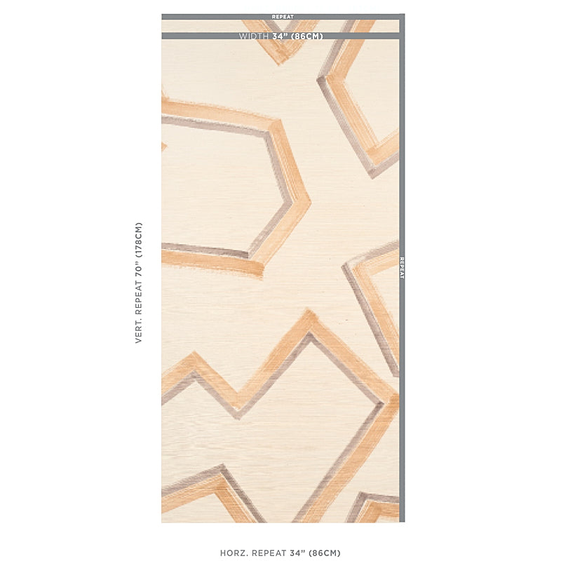Beige grasscloth wallpaper with orange-brown geometric hexagon outlines; wall covering, dark neutral color, modern geometric design.