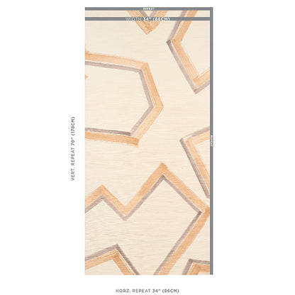 Beige grasscloth wallpaper with orange-brown geometric hexagon outlines; wall covering, dark neutral color, modern geometric design.