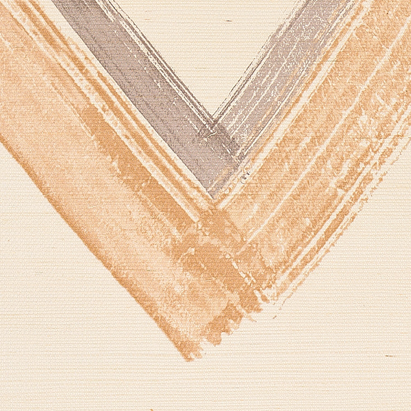 Textured beige grasscloth wallpaper with peach and gray chevron pattern forming a V-shape.