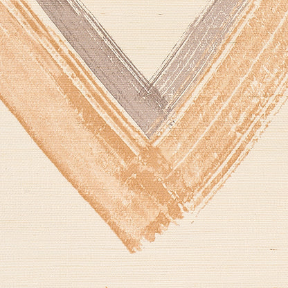 Textured beige grasscloth wallpaper with peach and gray chevron pattern forming a V-shape.