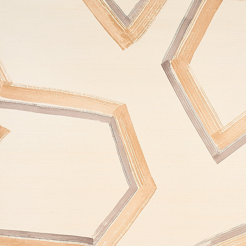 Abstract geometric wallpaper with peach and gray angular hexagon outlines on cream background.
