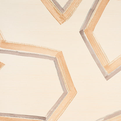 Abstract geometric wallpaper with peach and gray angular hexagon outlines on cream background.