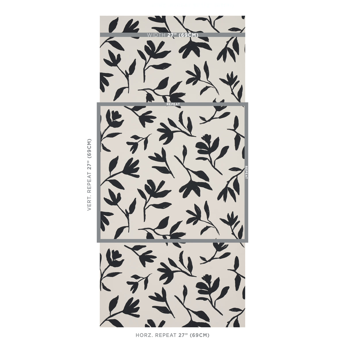 Beige wallpaper with black botanical leaf pattern; contemporary, seamless repeat design shown in stacked panels.