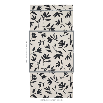 Beige wallpaper with black botanical leaf pattern; contemporary, seamless repeat design shown in stacked panels.