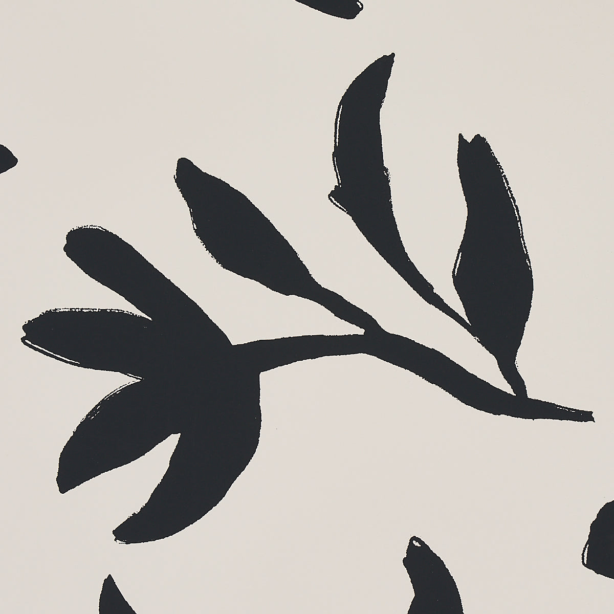 Beige background with bold black brushstroke botanical leaves in abstract style.