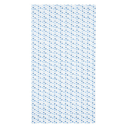 White rectangular fabric with tiny blue polka dots in a repeating pattern.