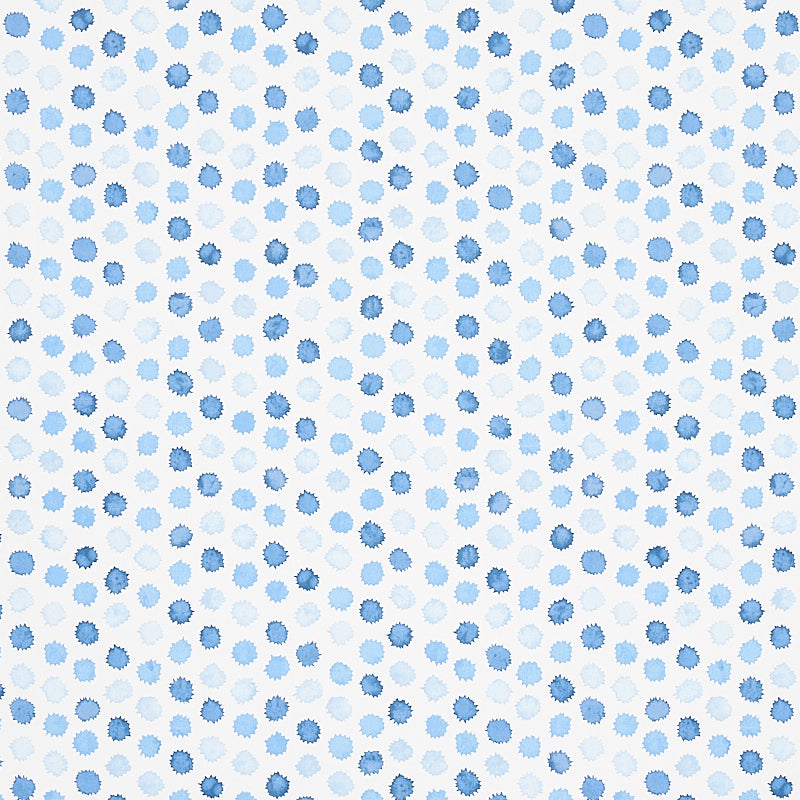 Blue scalloped-dot floral pattern on white with small rosette shapes; for fabric.