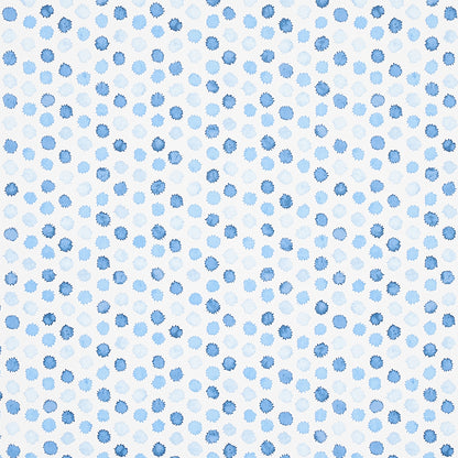 Blue scalloped-dot floral pattern on white with small rosette shapes; for fabric.
