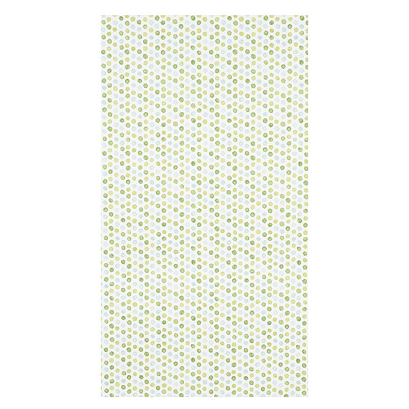 Fabric with repeating tiny yellow and light-blue polka dots on white background.