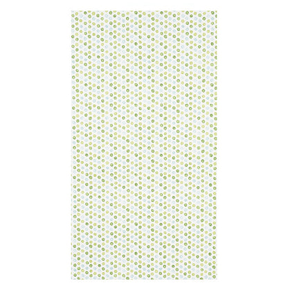 Fabric with repeating tiny yellow and light-blue polka dots on white background.