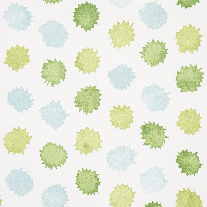 Watercolor starburst dot pattern in pale blue, lime green and soft yellow on white.
