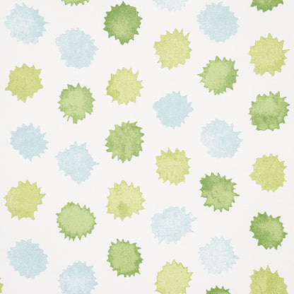 Watercolor starburst dot pattern in pale blue, lime green and soft yellow on white.