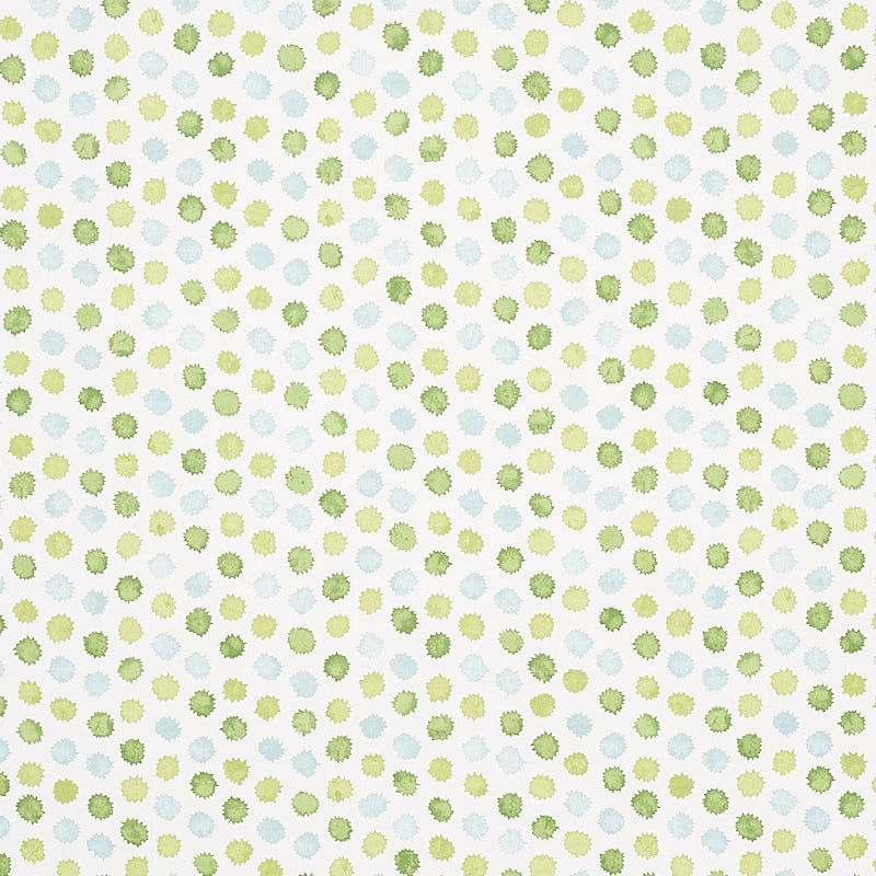 Pastel green and pale blue sunburst dots on white, repeating pattern for fabric or wallpaper.