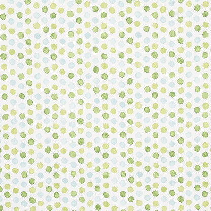 Pastel green and pale blue sunburst dots on white, repeating pattern for fabric or wallpaper.