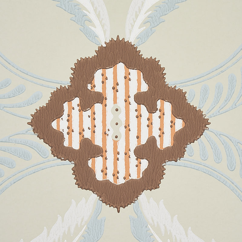 Schumacher Front Waltz sage wallpaper with soft feathery leaf and flower trellis pattern, designer wallcovering for refined interior décor