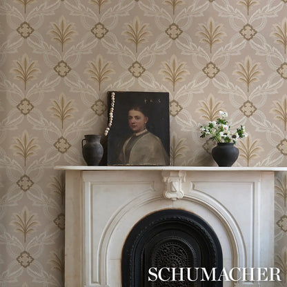 Taupe Front Waltz wallpaper — stylized floral‑trellis damask pattern with soft leaves and plumes on taupe background.