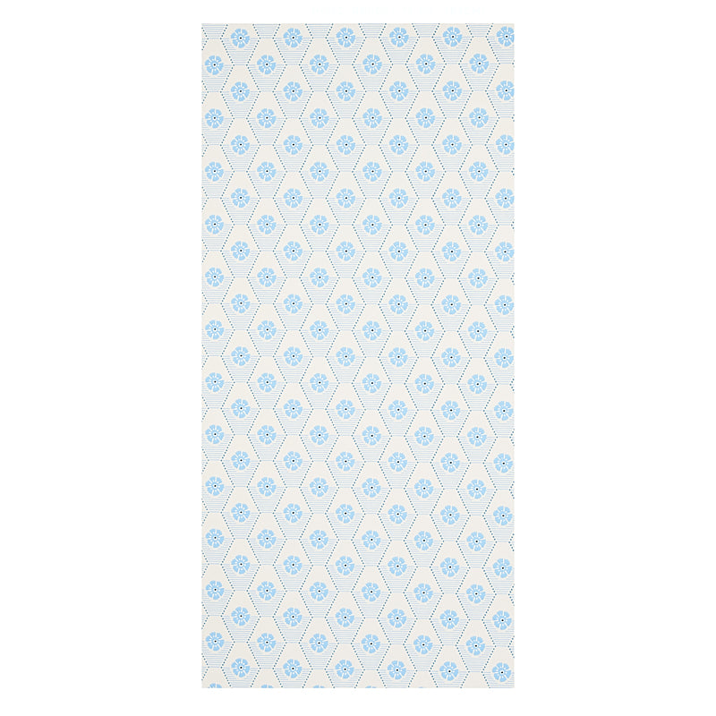 Pale blue diamond lattice with tiny floral centers; decorative wallpaper or fabric swatch.