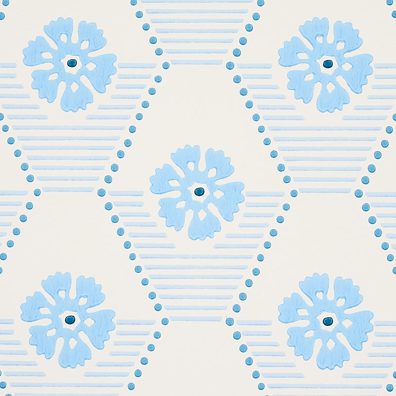 Light blue floral medallions in a striped diamond lattice with dotted borders on cream background.