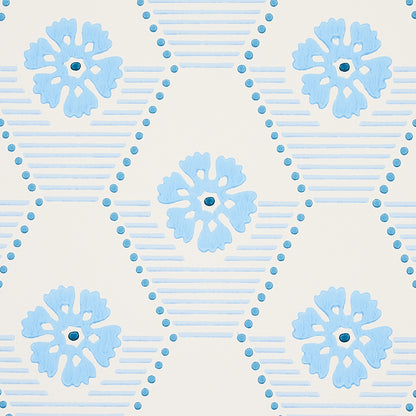 Light blue floral medallions in a striped diamond lattice with dotted borders on cream background.