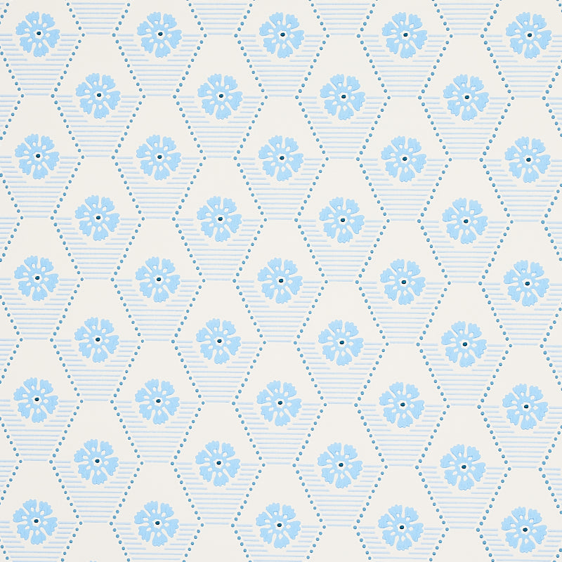 Soft blue floral hexagon pattern with dotted borders on blue wallpaper.