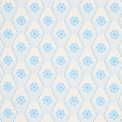 Soft blue floral hexagon pattern with dotted borders on blue wallpaper.