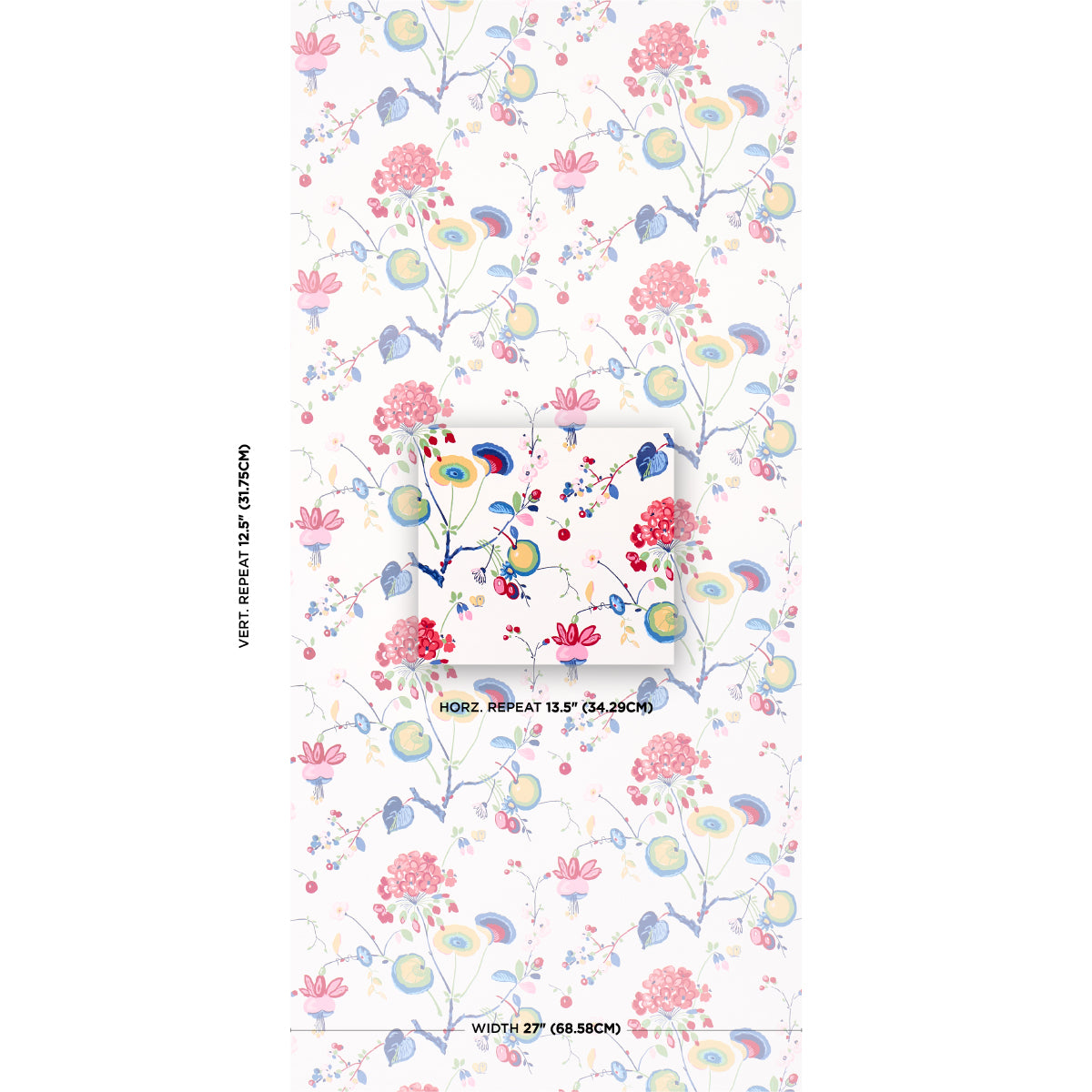 Floral wallpaper pattern with pink blossoms, blue birds & pastel leaves on white, showcasing vertical repeat.