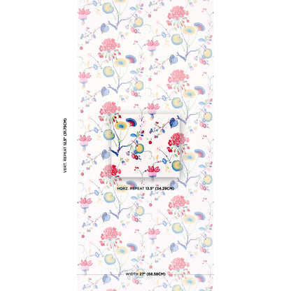 Floral wallpaper pattern with pink blossoms, blue birds & pastel leaves on white, showcasing vertical repeat.