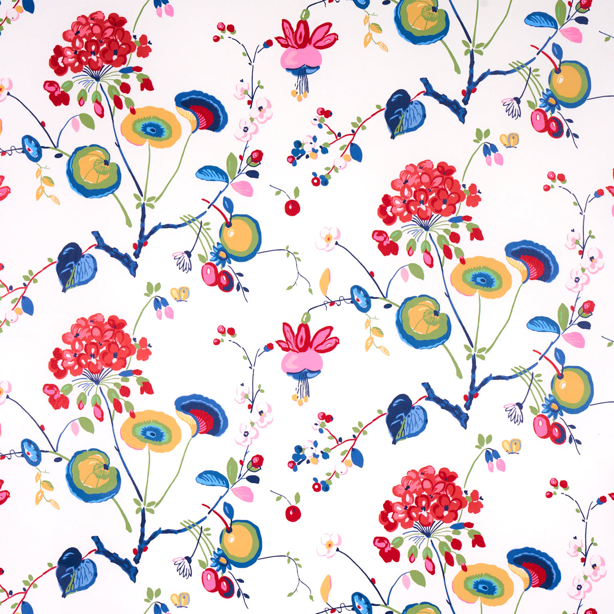 Colorful floral textile print with red clustered blossoms, blue stems, and yellow-green round accents against white backdrop.