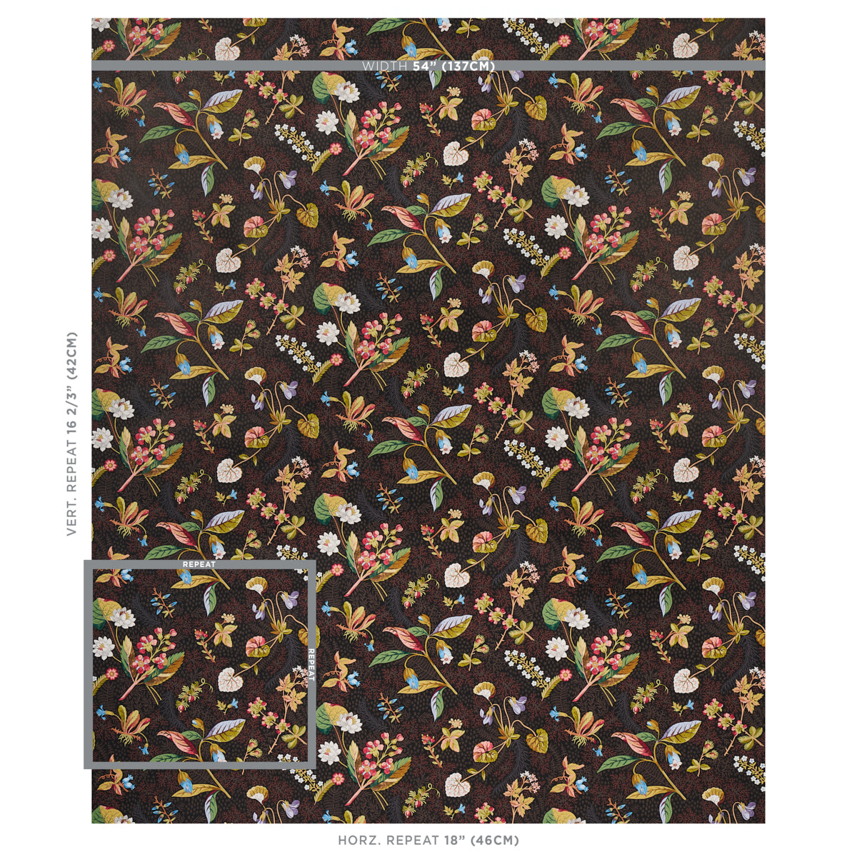 Dark brown fabric with colorful floral botanical print featuring pink, white, yellow flowers and green leaves.