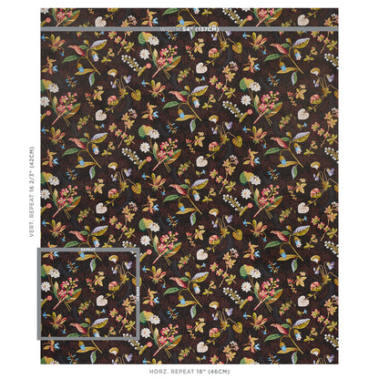 Dark brown fabric with colorful floral botanical print featuring pink, white, yellow flowers and green leaves.