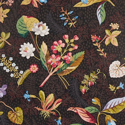 Dark brown floral fabric pattern with colorful blossoms and leaves in pink, white, yellow and blue