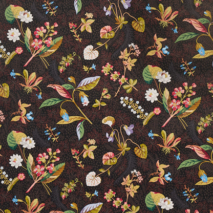 Black fabric with a vibrant multicolor floral print featuring pink, yellow, blue flowers and green leaves.