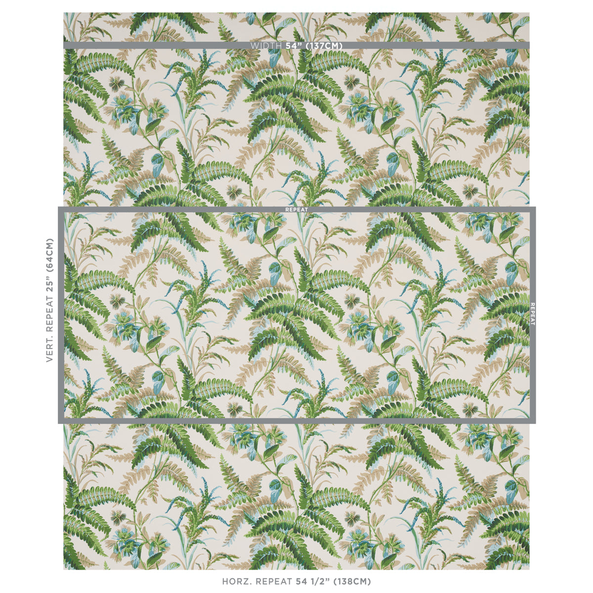 Beige botanical wallpaper with lush green ferns and blue flowers in a repeating panel pattern.