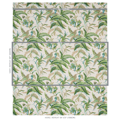 Beige botanical wallpaper with lush green ferns and blue flowers in a repeating panel pattern.