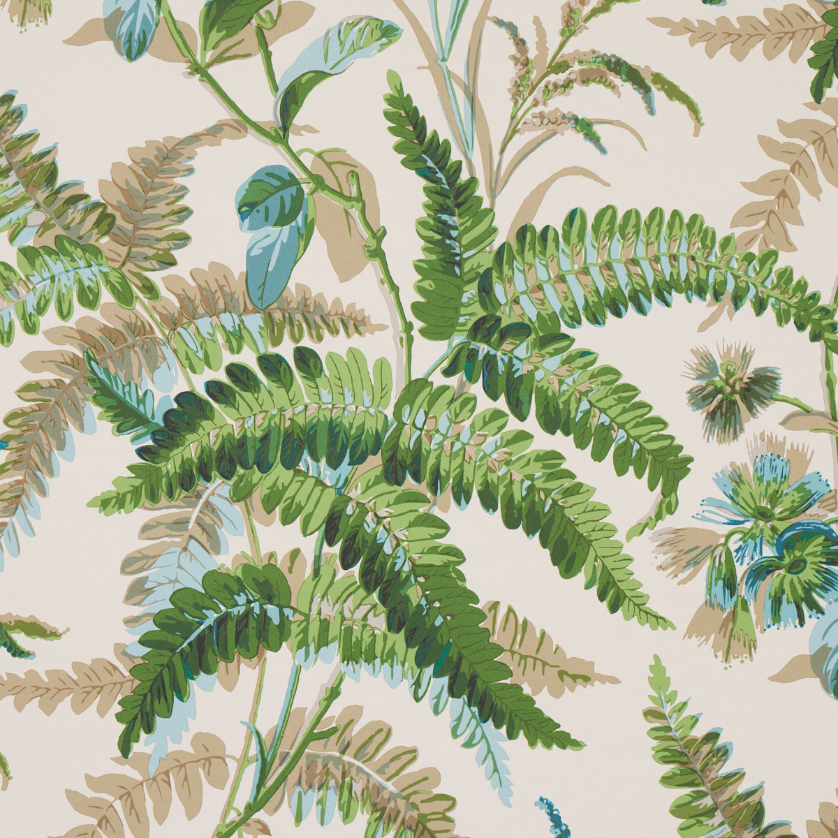 Beige botanical wallpaper with green ferns and palm leaves, blue-green accents; tropical foliage pattern for walls.