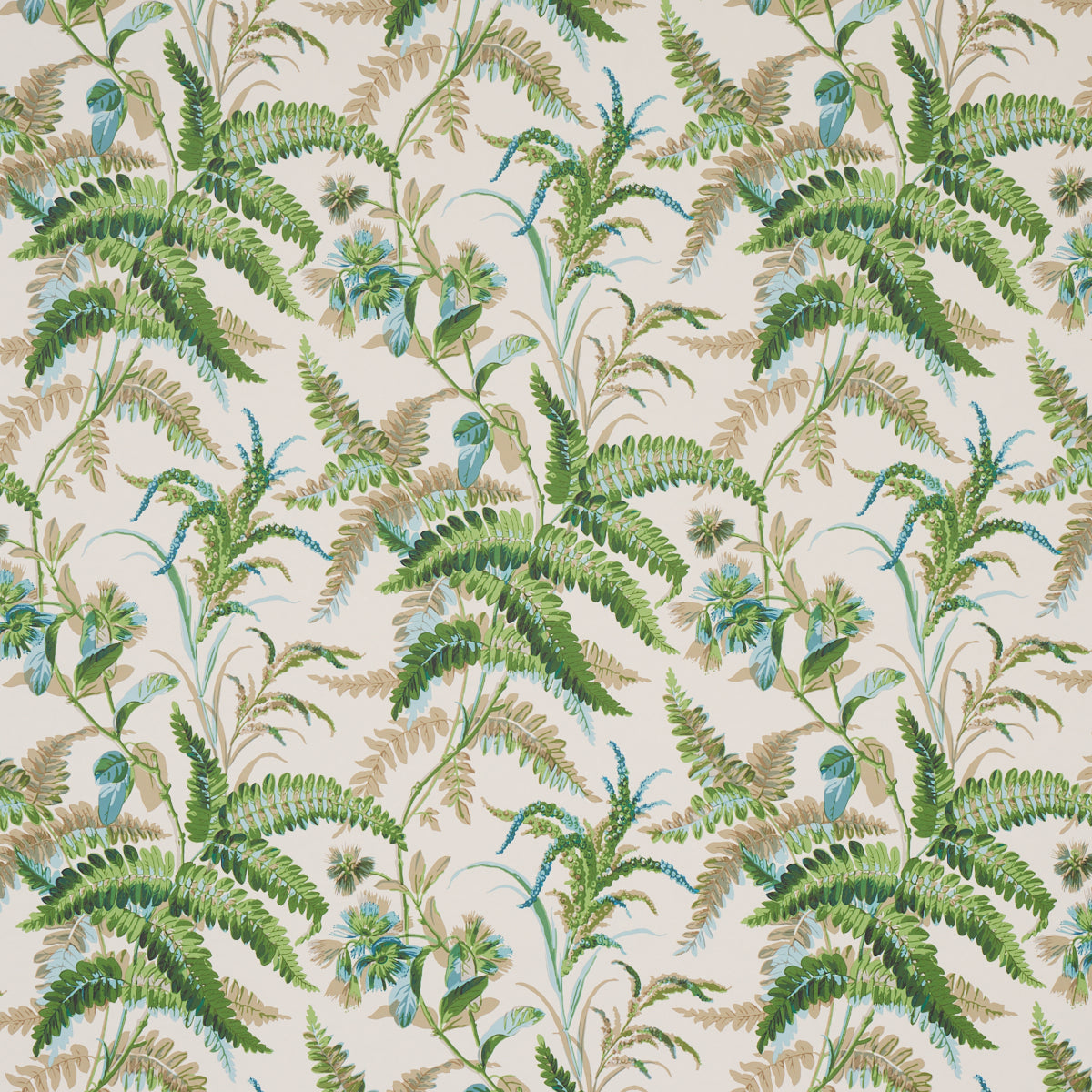 Beige botanical wallpaper with green fern fronds, brown stems and blue flowers.