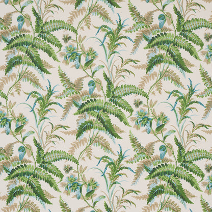 Beige botanical wallpaper with green fern fronds, brown stems and blue flowers.