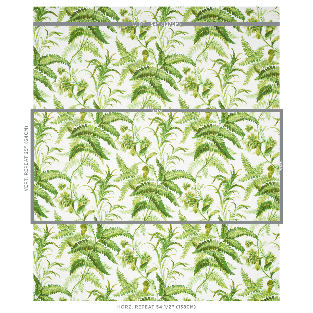 Green tropical fern wallpaper with dense botanical leaves on white backdrop; repeating panel pattern for walls.