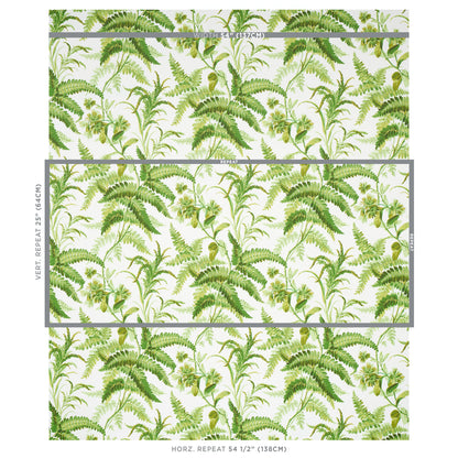 Green tropical fern wallpaper with dense botanical leaves on white backdrop; repeating panel pattern for walls.