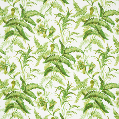 Green fern fronds and leafy vines create a botanical wallpaper pattern on pale cream background.