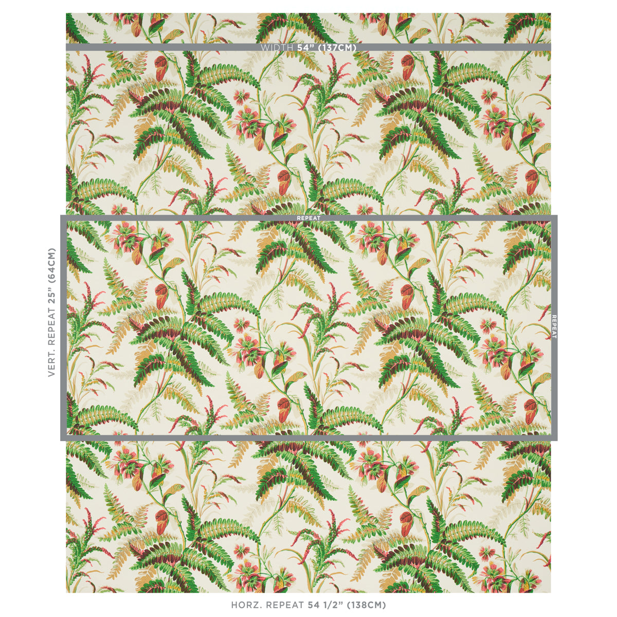 Tropical botanical wallpaper with green ferns and palm leaves and pink flowers on cream background; seamless vertical repeat