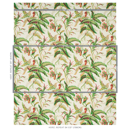 Tropical botanical wallpaper with green ferns and palm leaves and pink flowers on cream background; seamless vertical repeat