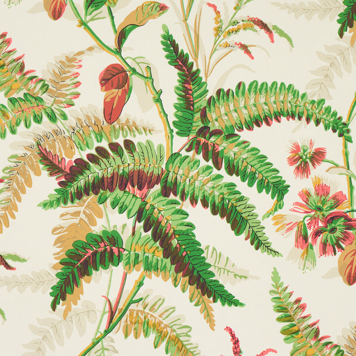 Beige background tropical botanical print with vibrant green ferns, brown leaves, and pink flowers.