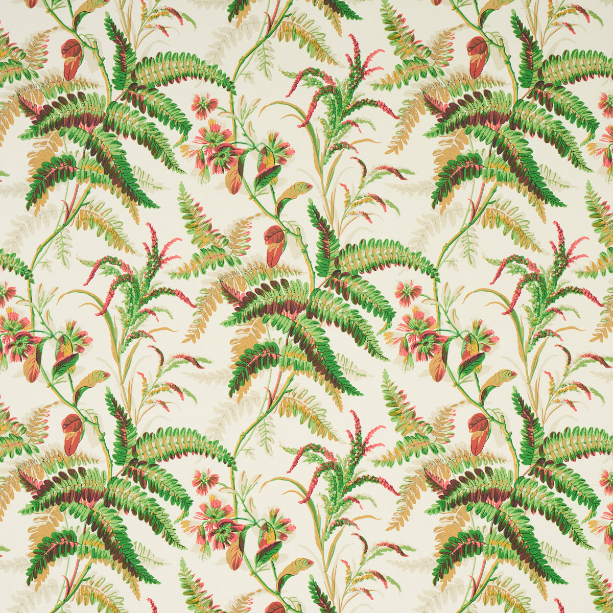 Vintage botanical print fabric featuring green ferns on a beige background.