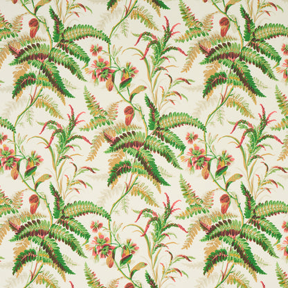 Vintage botanical print fabric featuring green ferns on a beige background.